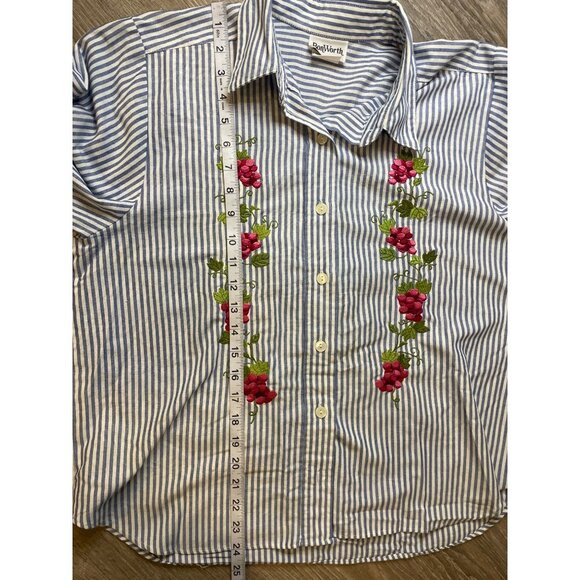 Vintage 90s BonWorth Blue White Vertical Stripe Flower Embroidered Top Sz MP - Picture 9 of 10